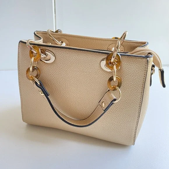 Women's Tan Crossbody Hand Satchel Chained Handle Faux‎ Leather Purse Bag Gold - Picture 3 of 8